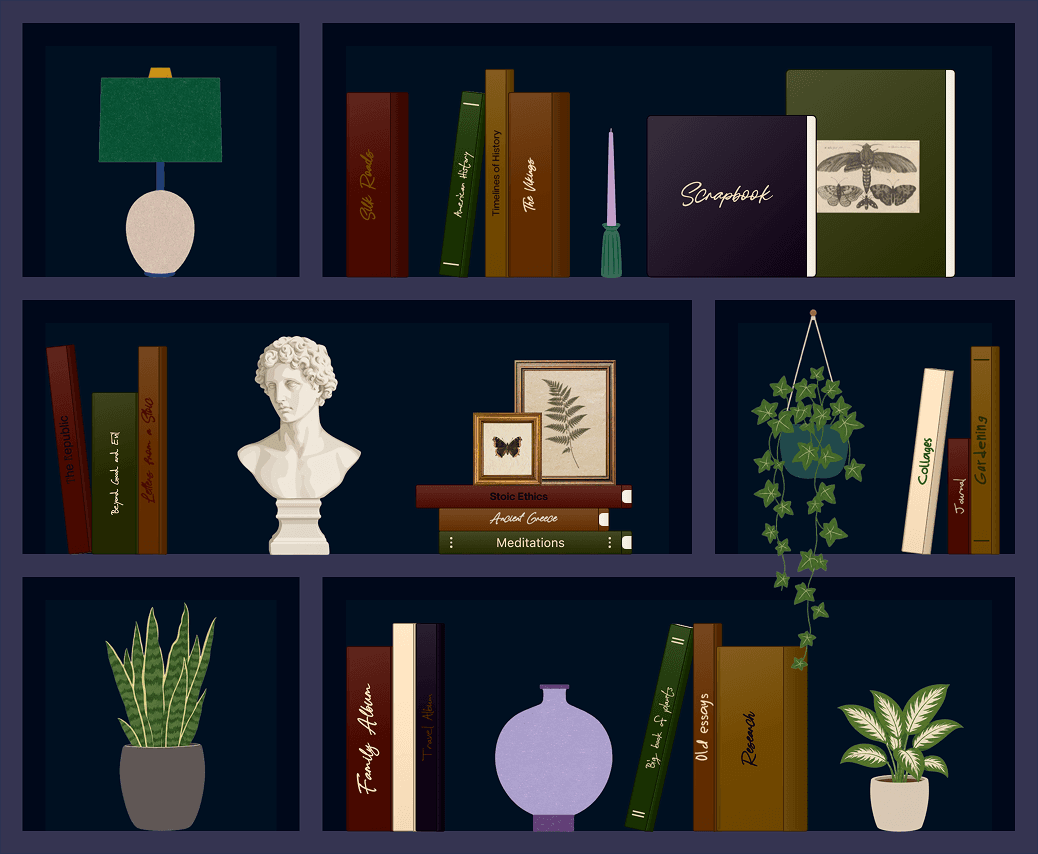 Noir bookshelf preview in Nooka.